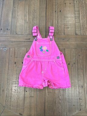 Oshkosh Y2K retro pink denim short overalls 18 months flower embroidered ruffles